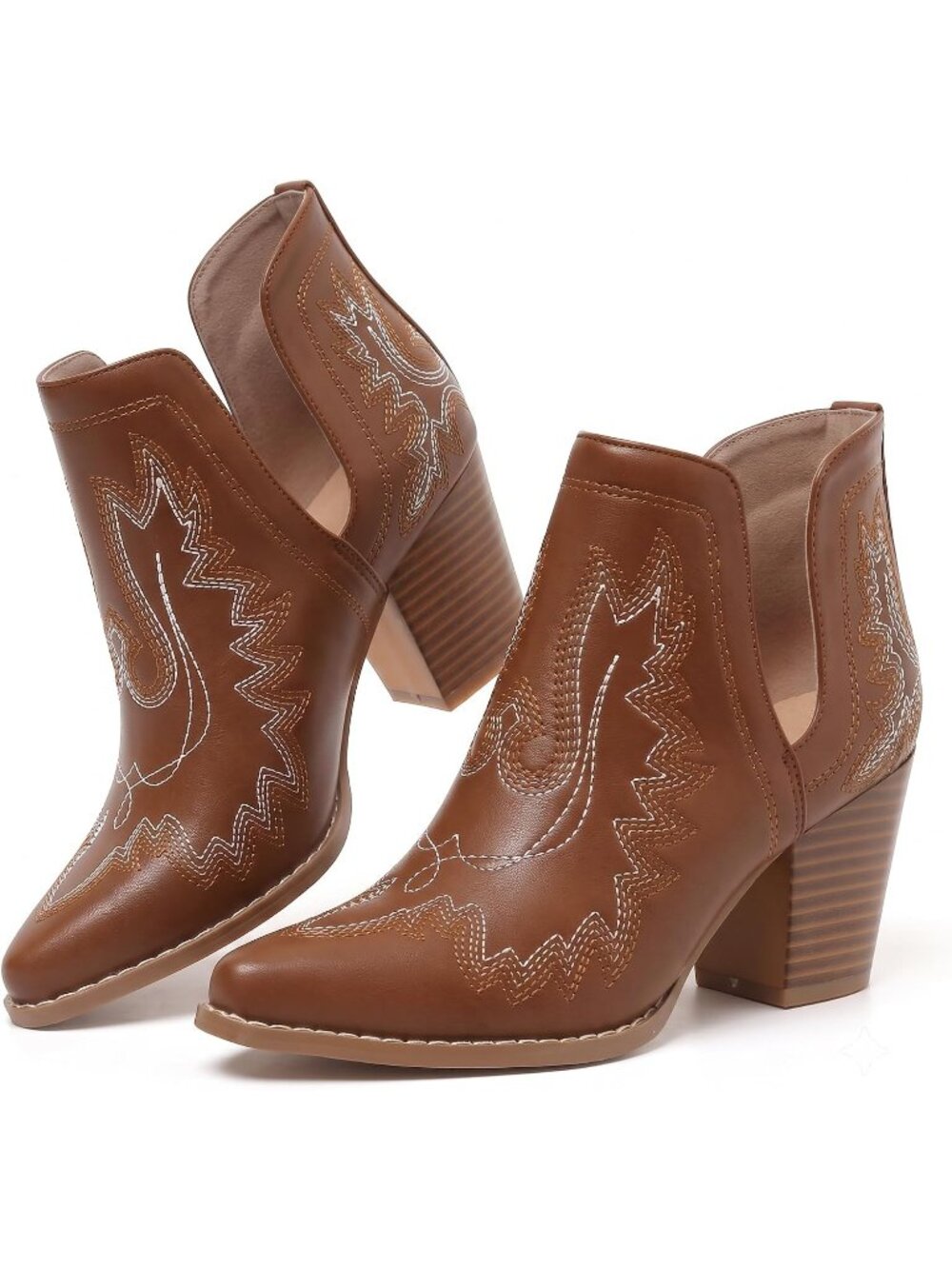Women’s Yellow Brown Cowboy Ankle Boots Pointed Toe Chunky Heel Western Cowgirl